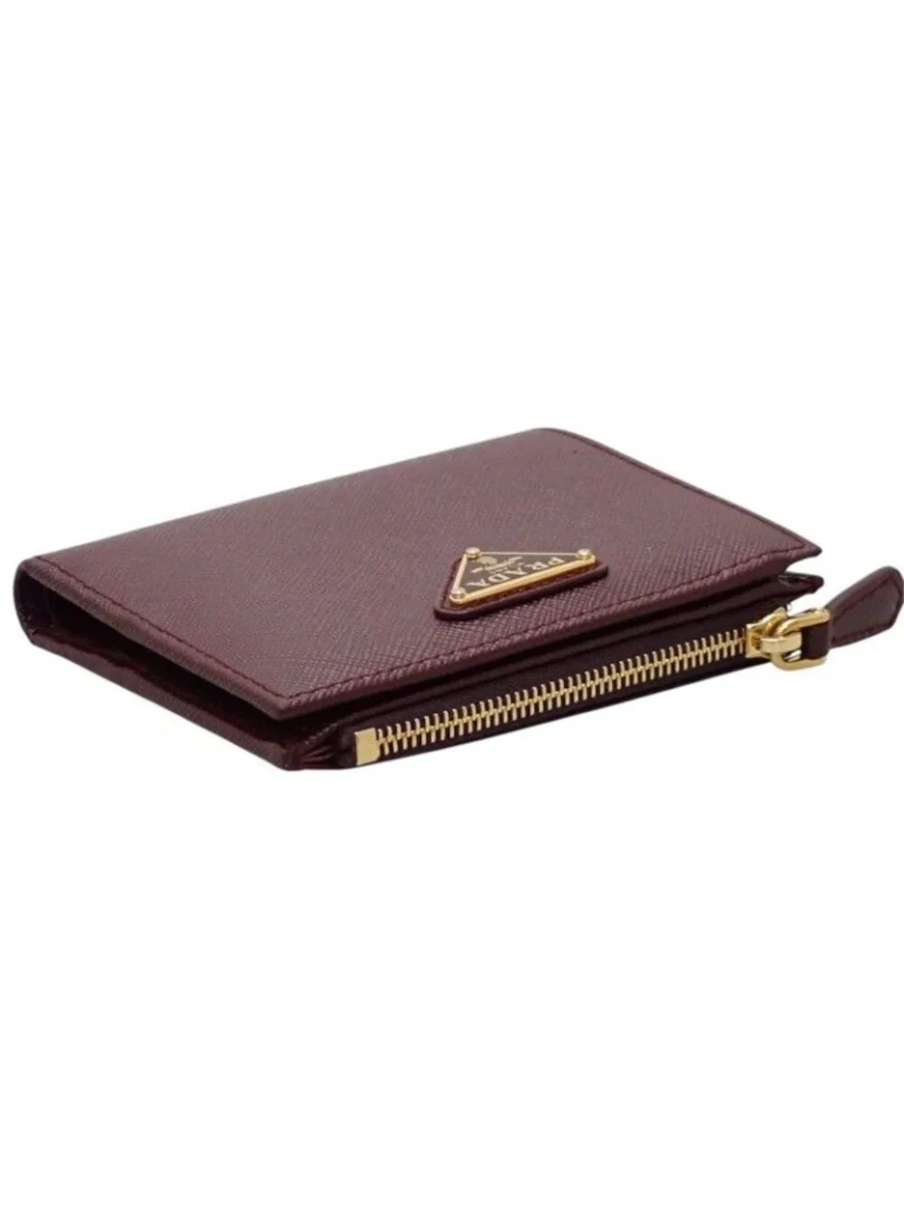 Prada Saffiano Triangle Bifold Wallet Bordeaux Burgundy Gold Genus